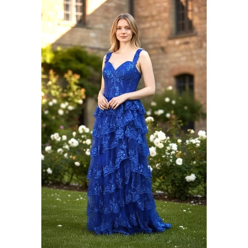 Royal Blue Maxi Dress 18 Corset Padded Slit Sequin Tiers Special Event Prom NWT